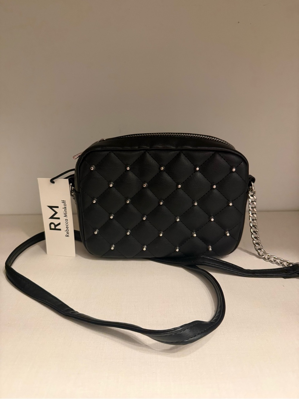 Rebecca Minkoff Black Diamond Quilt Studded Top Zip Crossbody Bag
